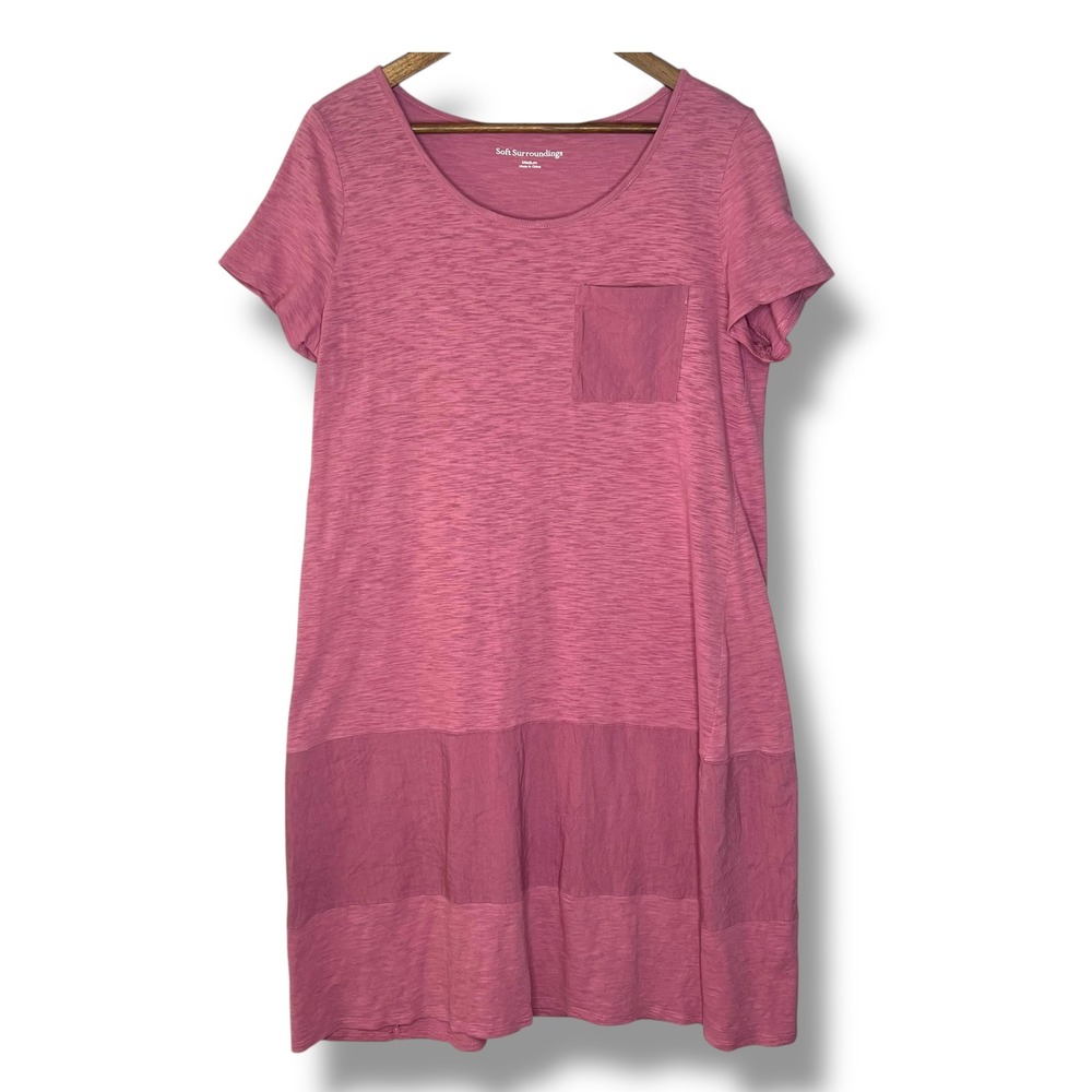 Soft Surroundings Dress M Linen Blend Pink Winnie Patch Pocket Midi Beach‎ Comfy